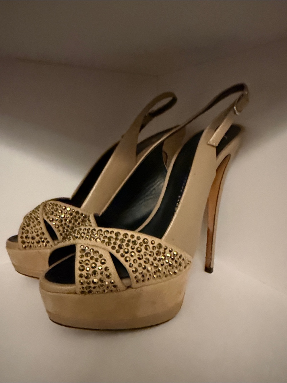 Giuseppe Zanotti Nude Beige Slingback Platform Heels with Gold Crystals